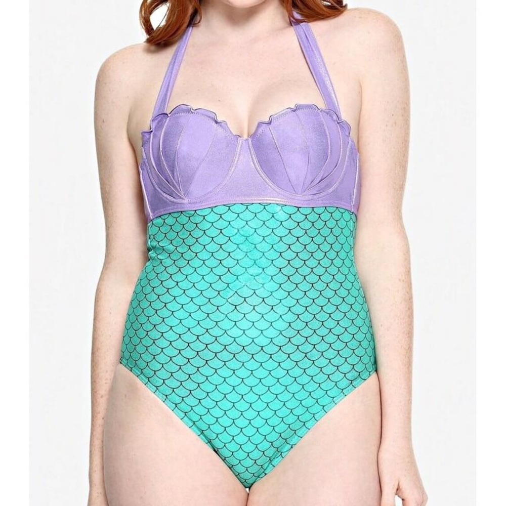 Disney The Little Mermaid Ariel Strappy Halter One-Piece Swimsuit Metall…